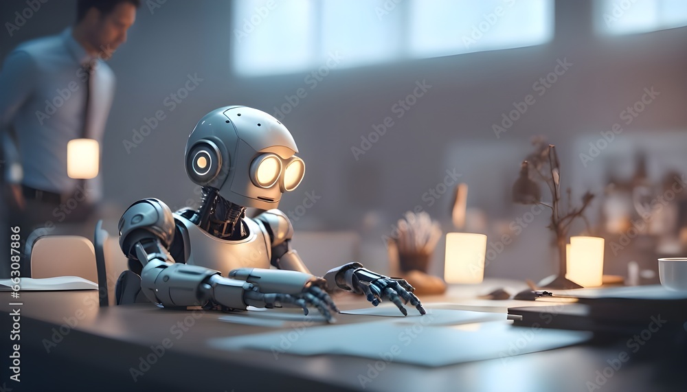 3d Robot AI typing and working with computer keyboard business concept 3d Robot AI typing and working with computer keyboard business concept