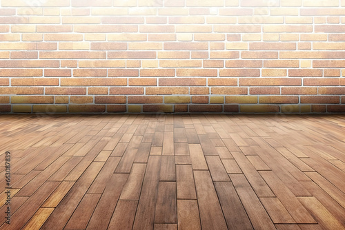 Brick wall with empty wood floor. Generative AI