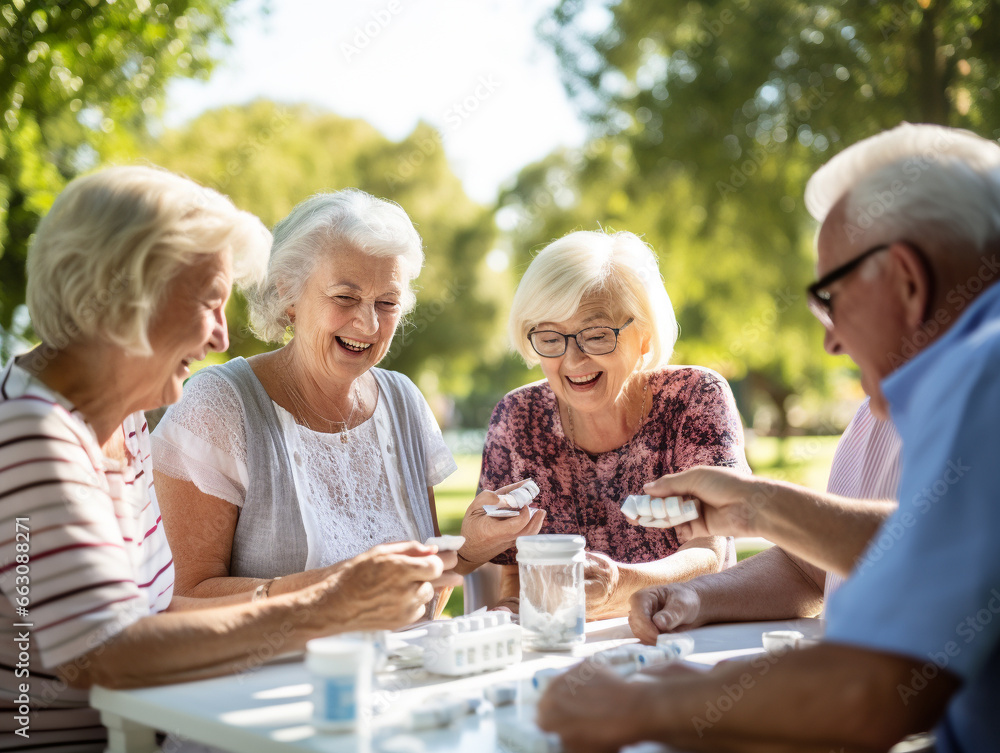 A Photo of a Group of Seniors Comparing Medications During a Park Outing A Photo of a Group of Seniors Comparing Medications During a Park Outing