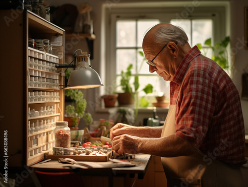 A Photo of an Elderly Man Organizing His Weekly Pill Box in the Kitchen