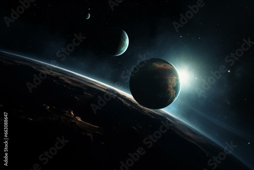 Illustration depicting a dim space scene with two planets and spacecraft in the vast darkness. Generative AI