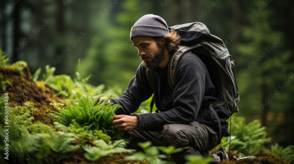 A man collects edible plants in the forest A man collects edible plants in the forest