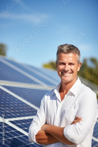 Smiling mature man standing on road by solar panel © Good AI