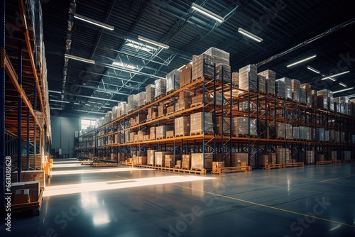 A large warehouse where goods are stored with lots of high shelves photo