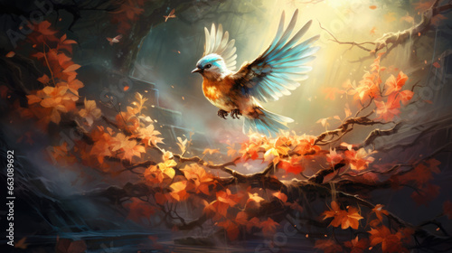 Illustration of birds in the autumn forest