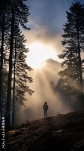 people walking in the mistty morning pine forest with ray of light sun light AI Generated illustration image 9:16 photo