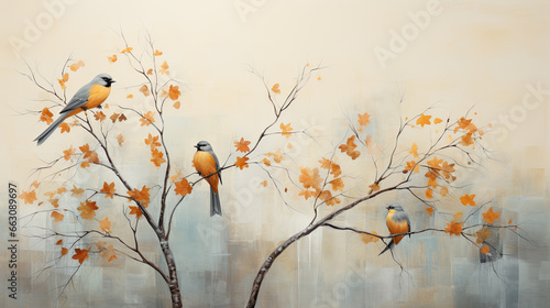 Illustration of birds in the autumn forest