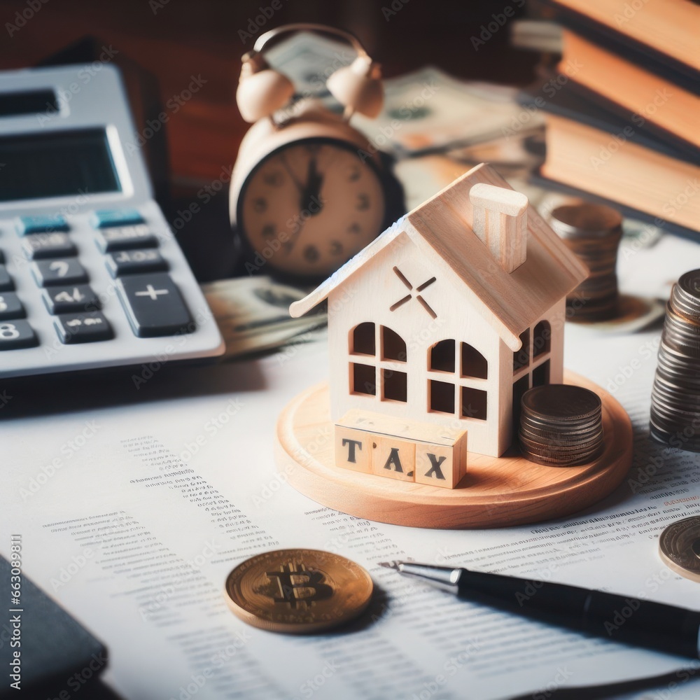Property tax or house tax with wooden model on table top background. Business loan and real estate investment concept. - obrazy, fototapety, plakaty 