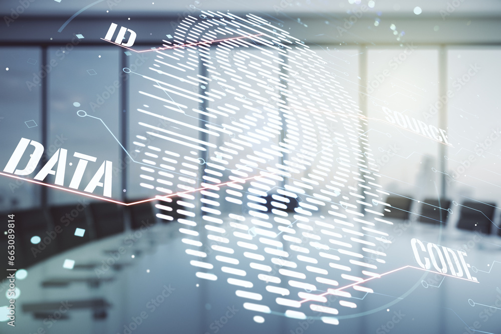 Multi exposure of virtual fingerprint scan interface on a modern furnished office interior background, digital access concept Multi exposure of virtual fingerprint scan interface on a modern furnished office interior background, digital access concept