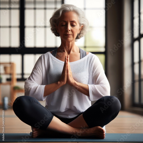 Prayer pose meditation for ageing wellness  Mature woman practicing yoga
