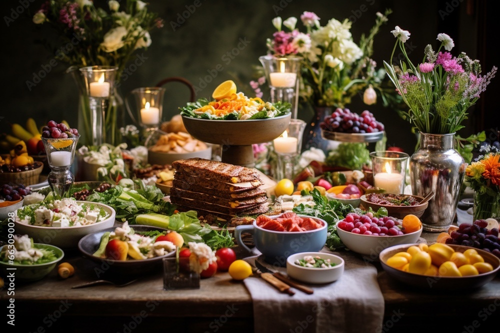 Lovely Easter table spread with delicious food. Generative AI