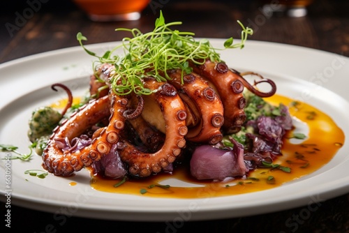Flavorful dish with octopus. Generative AI photo