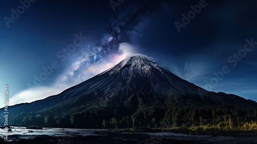 Volcano Summit with milky way galaxy night sky AI generated illustration image 16:9