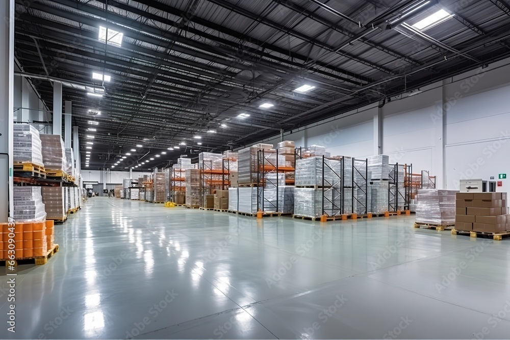 A large warehouse where goods are stored with lots of high shelves