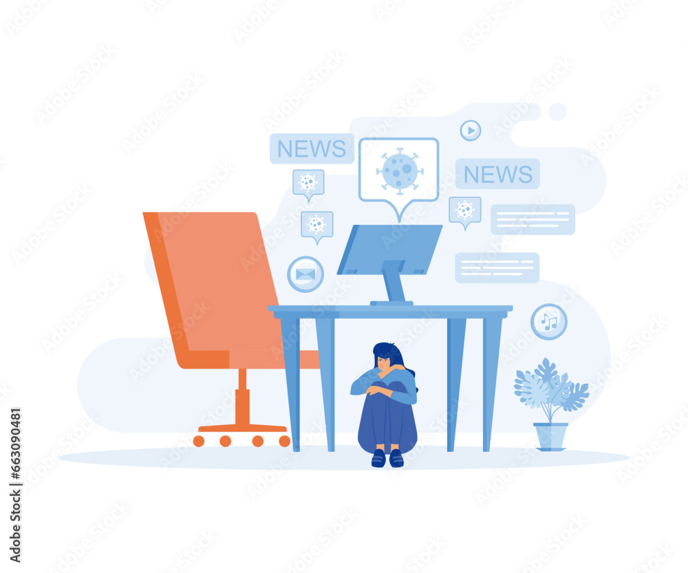 information overload, Information detox,girl hiding under table. flat vector modern illustration information overload, Information detox,girl hiding under table. flat vector modern illustration