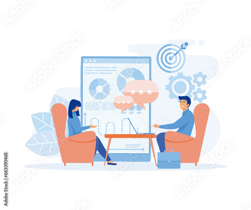 Business Financial advisor working and Business investment planning on monitor report graph,  flat vector modern illustration
