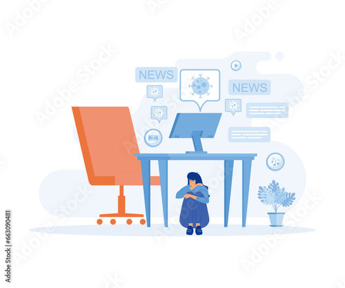  information overload, Information detox,girl hiding under table. flat vector modern illustration