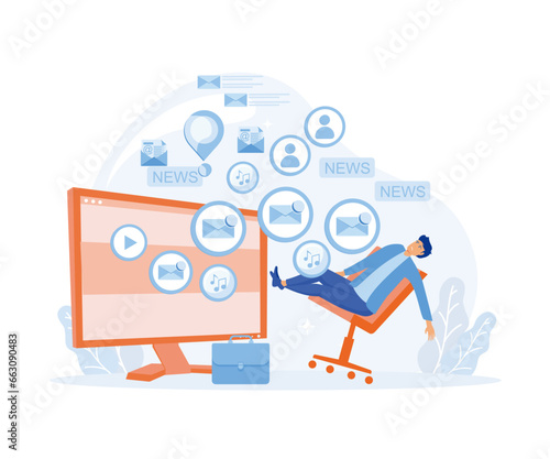 Input overloading. Information overload concept. Young man falls from a chair under the pressure of information from a laptop, flat vector modern illustration