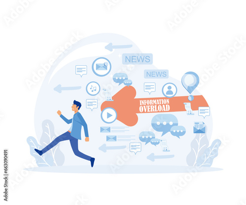 Input overloading. Information overload concept. Young man running away from information stream. flat vector modern illustration