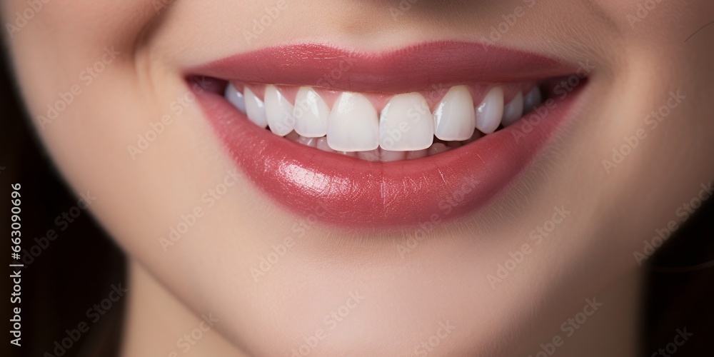 Fototapeta premium Healthy and white woman tooth and red lips. Close up