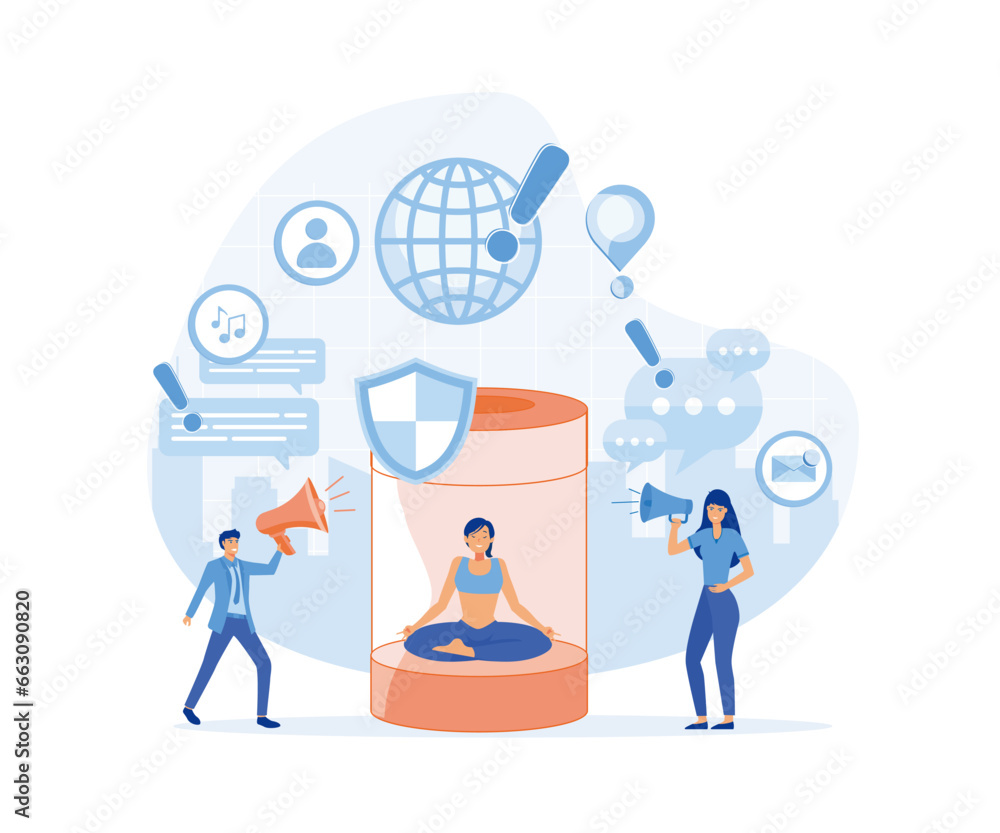 Young woman meditate under glass dome trying to stop false news from television, internet. Fake news concept. flat vector modern illustration