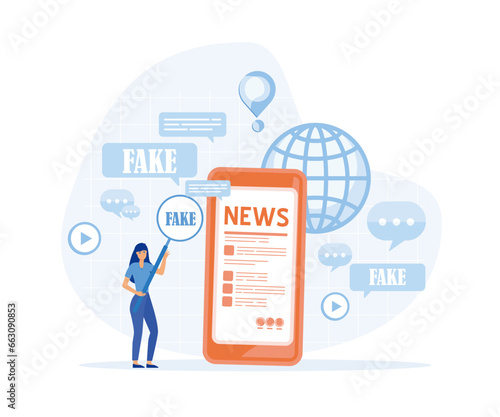 Fake news concept. Flat amazed woman with magnifying glass research on fake news spreads in social media flat vector modern illustration