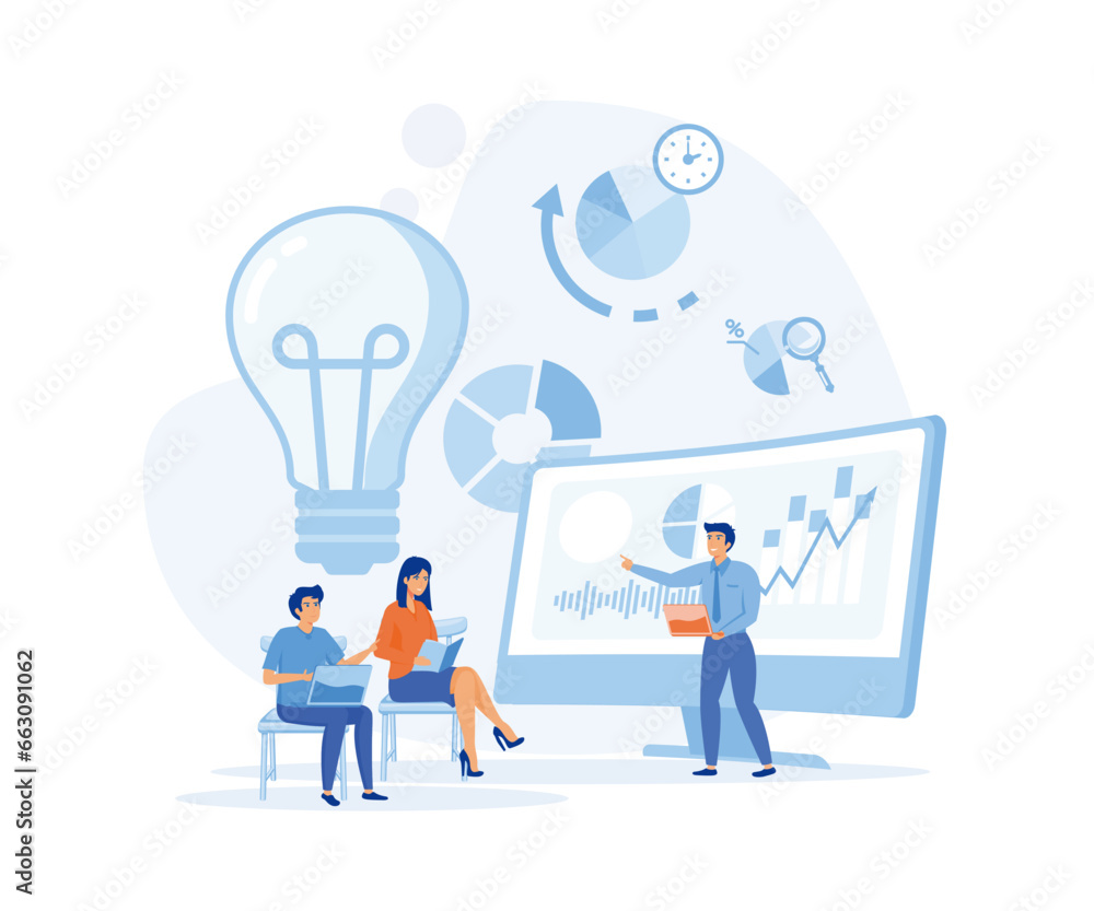 Online Training Conference for Office Workers. Colleagues Sitting with Laptop at Desks Receive Knowledge from Coach. flat vector modern illustration Online Training Conference for Office Workers. Colleagues Sitting with Laptop at Desks Receive Knowledge from Coach. flat vector modern illustration