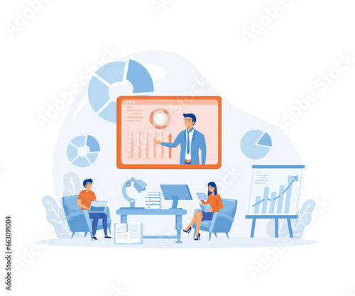 online training courses for employees, training skills enhancement, people sit at a conference and look at the big screen, flat vector modern illustration