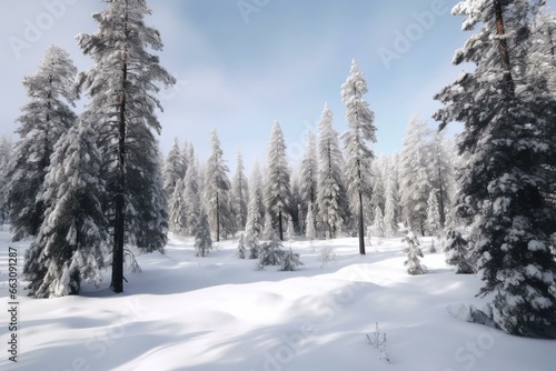 A snowy landscape with tall pine trees. Generative AI