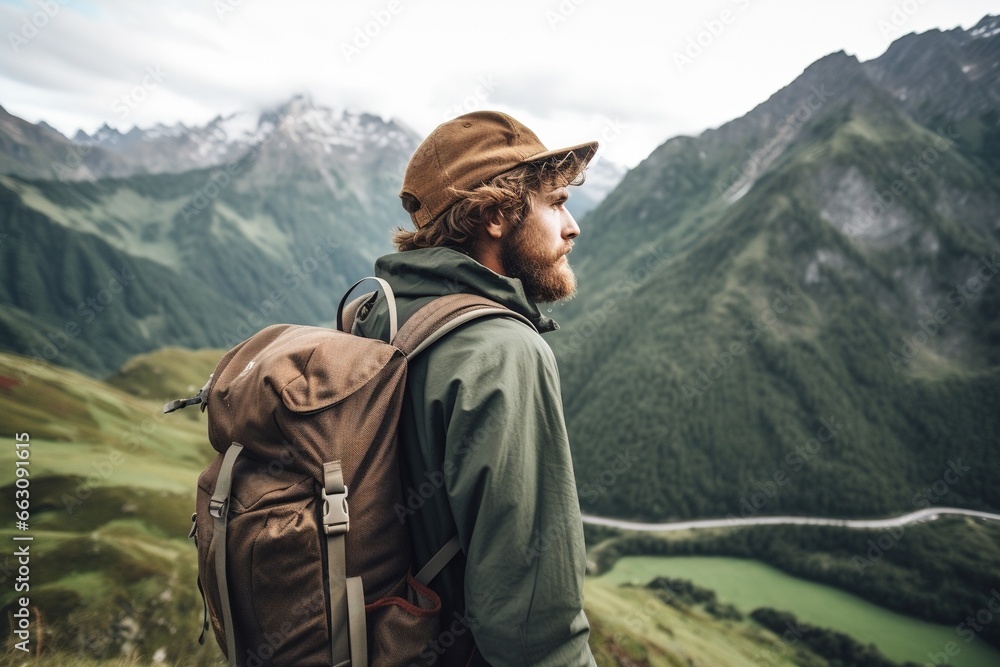 Hipster traveler with backpack sitting on top of a mountain and looking at the valley. Hipster traveler with backpack sitting on top of a mountain and looking at the valley.