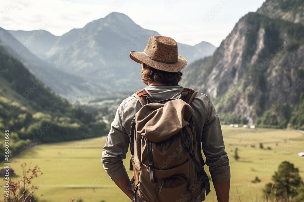 Hipster traveler with backpack sitting on top of a mountain and looking at the valley. Hipster traveler with backpack sitting on top of a mountain and looking at the valley.
