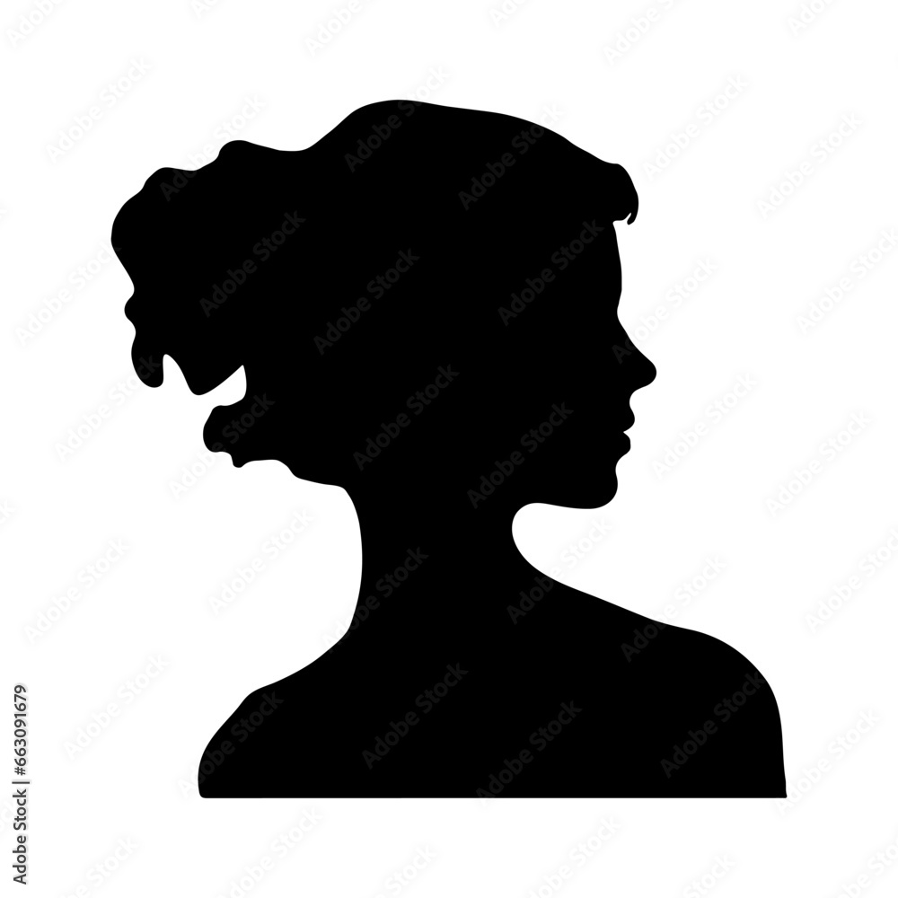 Silhouette of a woman. Profile of a young lady. Beautiful head of a girl, element for the design of a beauty salon, fashion page, women's magazine. Black shadow on white. Vector flat illustration.