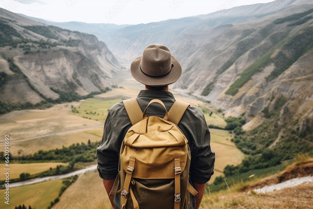 Hipster traveler with backpack sitting on top of a mountain and looking at the valley. Hipster traveler with backpack sitting on top of a mountain and looking at the valley.