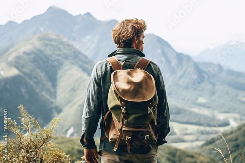 Hipster traveler with backpack sitting on top of a mountain and looking at the valley.
