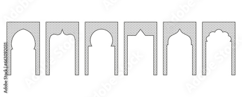 Islamic frame with arch and ornament. Ramadan gate on geometric background for wedding invitation design. Vector oriental decorations set.