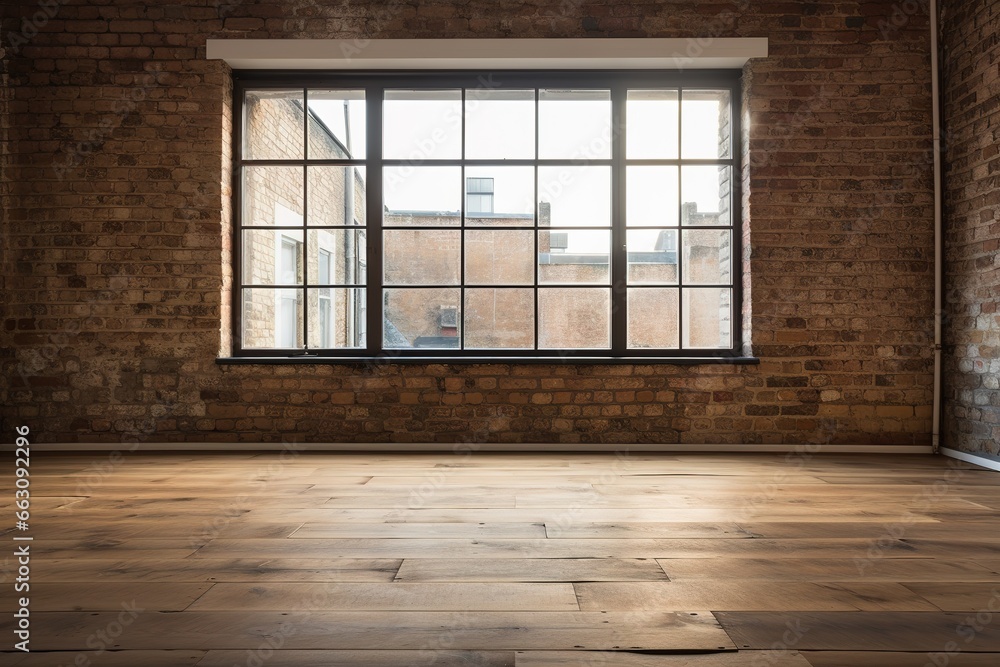 3D rendering of an empty room with a big window in loft style. Wooden floor and brick wall in a modern interior. Bright and spacious space with a lot of natural light. Perfect for copy space. 3D rendering of an empty room with a big window in loft style. Wooden floor and brick wall in a modern interior. Bright and spacious space with a lot of natural light. Perfect for copy space.