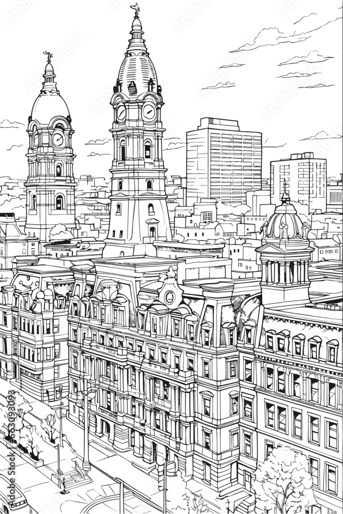 USA United States Philadelphia cityscape black and white coloring page book for adults. US America Pennsylvania skyline, buildings, street, landmarks vector outline sketch for anti stress