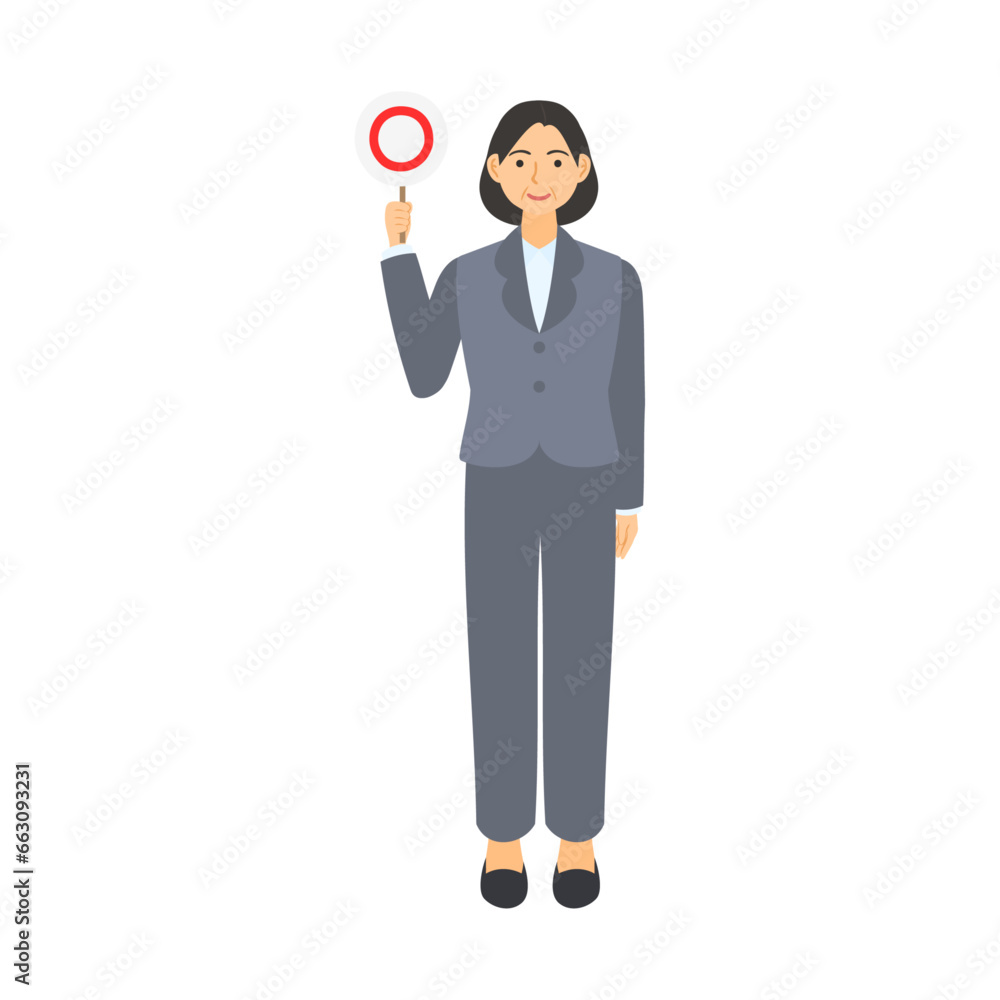 丸の書かれたプラカードを持つ中年女性会社員。フラットなベクターイラスト。 A middle-aged female office worker holding a placard with a circle on it. Flat designed vector illustration. 丸の書かれたプラカードを持つ中年女性会社員。フラットなベクターイラスト。 A middle-aged female office worker holding a placard with a circle on it. Flat designed vector illustration.