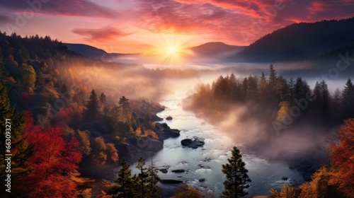 autumn river in the fog