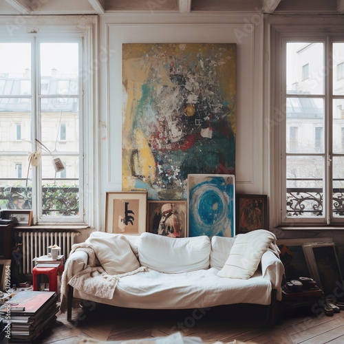 Vintage photographs of a messy Paris apartment with modern, bright white interiors and framed art on the walls