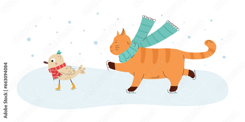 Cute friendly cat and bird Ice skating together Cute friendly cat and bird Ice skating together