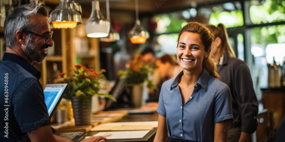 Fototapeta premium young and attractive saleswoman, cashier serving customers, generative AI