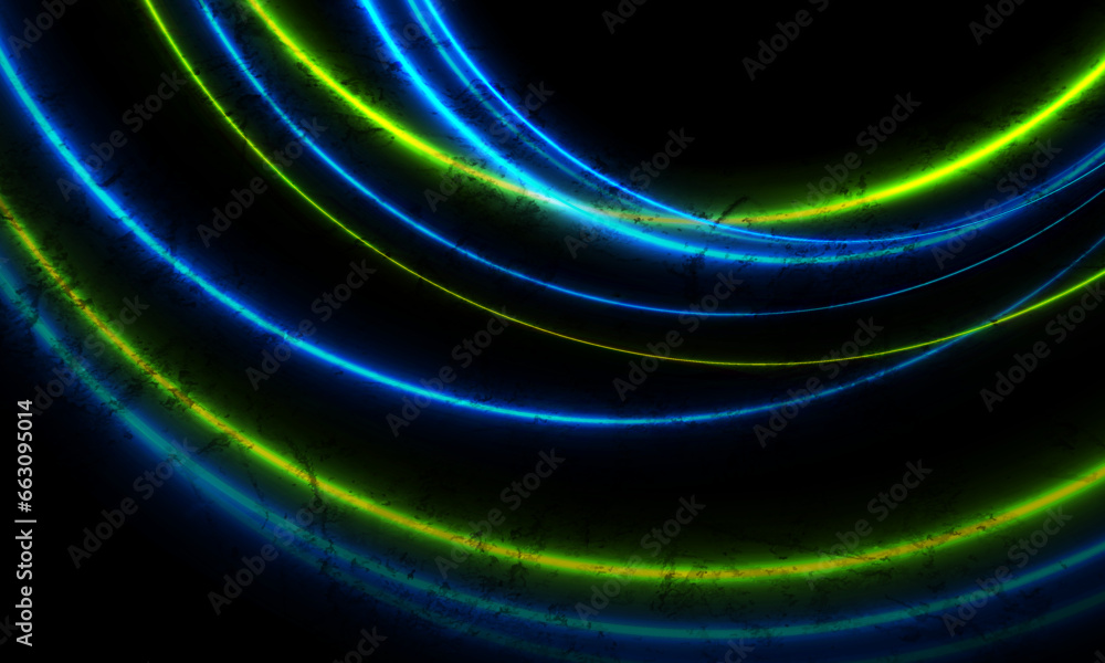 Blue green neon laser circles abstract futuristic grunge background. Vector design