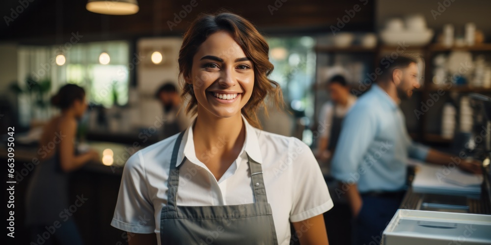 young and attractive saleswoman, cashier serving customers, generative AI young and attractive saleswoman, cashier serving customers, generative AI