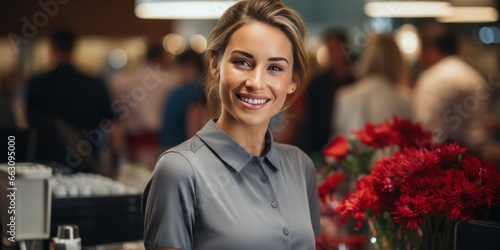 young and attractive saleswoman, cashier serving customers, generative AI