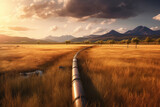 An oil pipeline running through a vast grassland landscape with mountains in the background.
