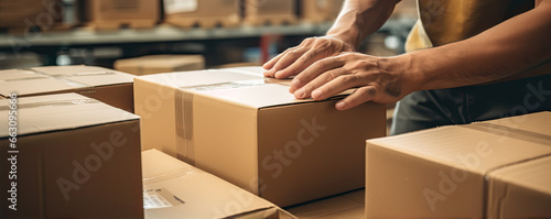 Detail on the hands of a worker in parcel service. generative ai