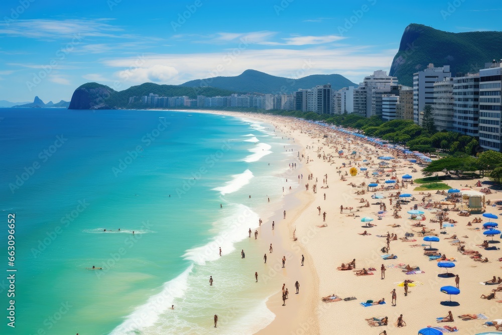 Copacabana beach in Rio de Janeiro, Brazil, South America, Copacabana beach in Rio de Janeiro, Brazil. Copacabana beach is the most famous beach of Rio de Janeiro, Brazil, AI Generated - obrazy, fototapety, plakaty 