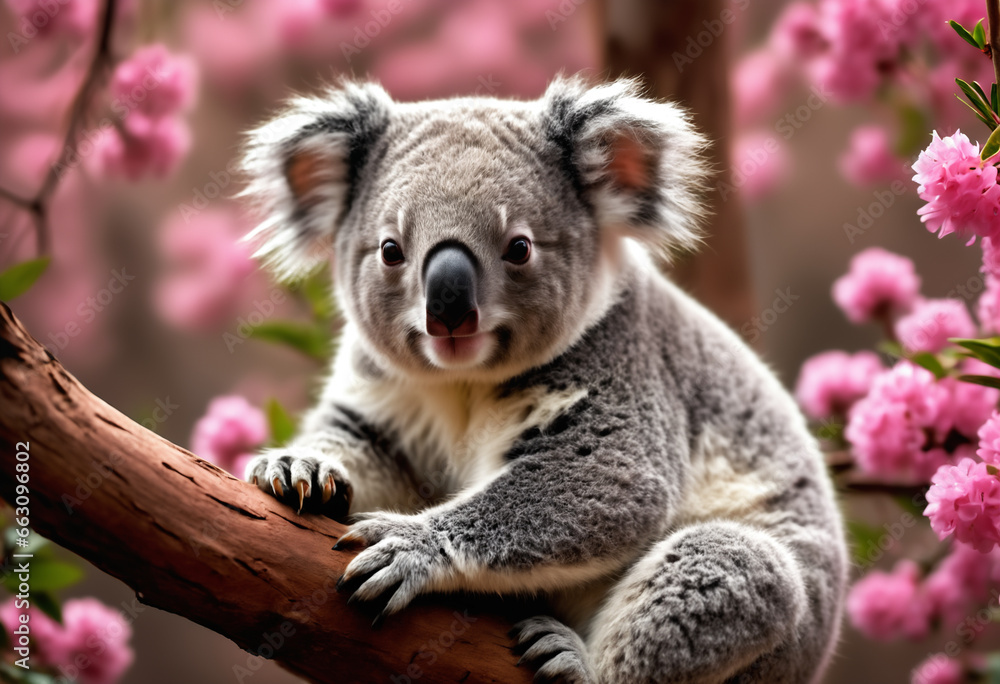 Naklejka premium Little fluffy koala sitting on branch with pink flowers. Generative AI