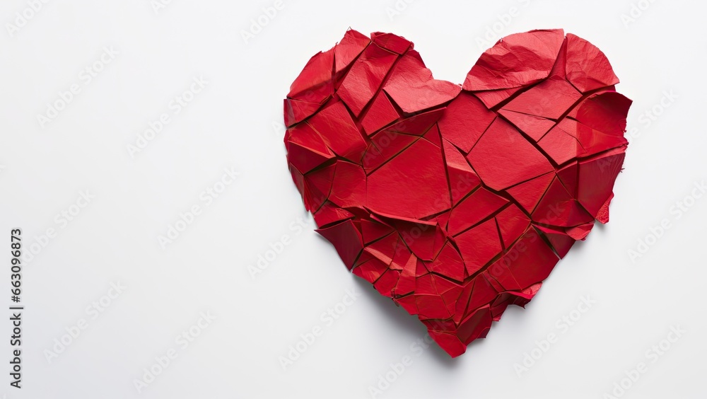Broken red heart on white background, valentines day concept, Crumpled red heart paper isolated on white background. Broken heart concept, AI Generated